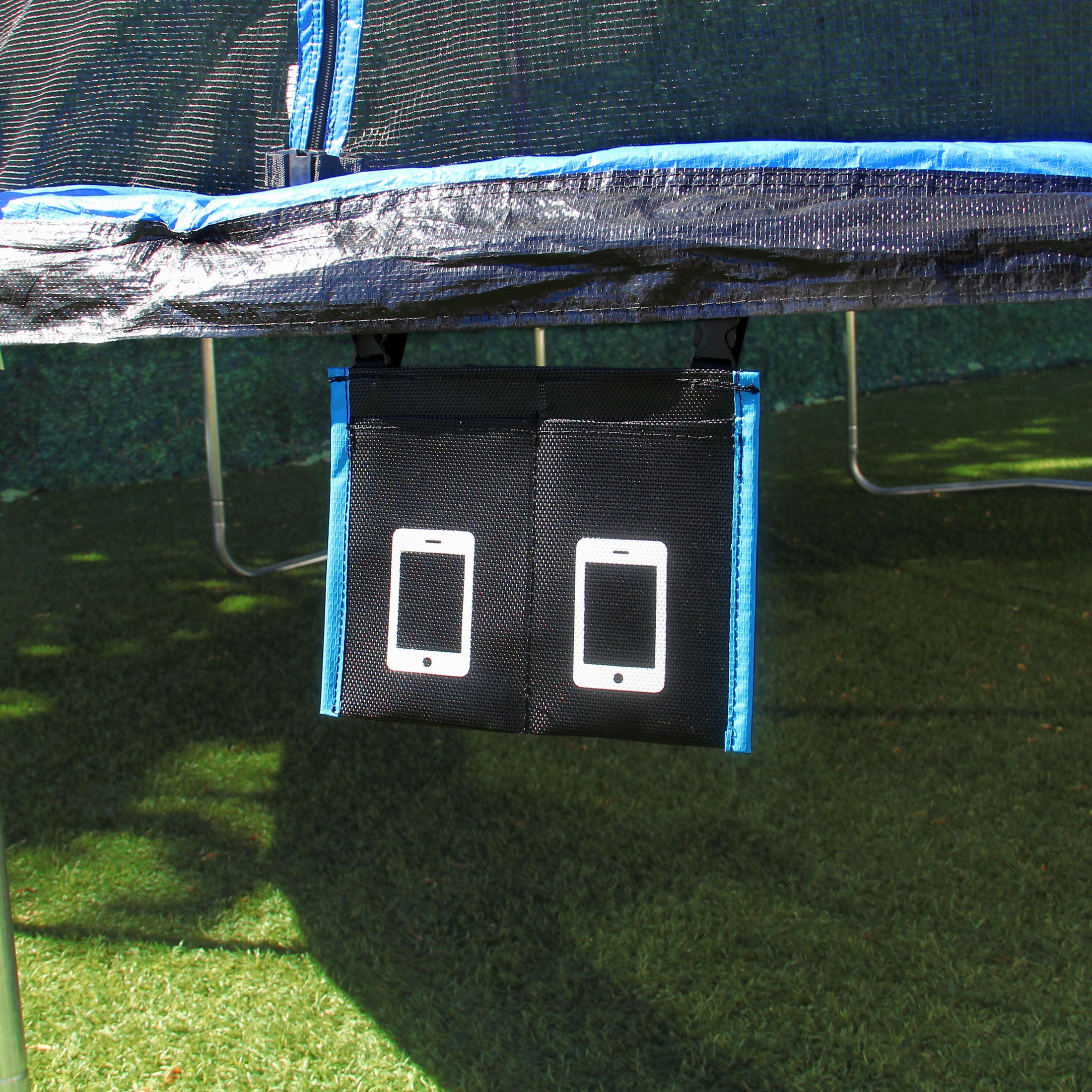 Sportspower Phone Holder for Trampoline: UV Resistant Phone Holder for Trampolines, Holds Up to 2 Phones, Clips onto Trampoline Pole up to 2" Diameter, Black/Blue