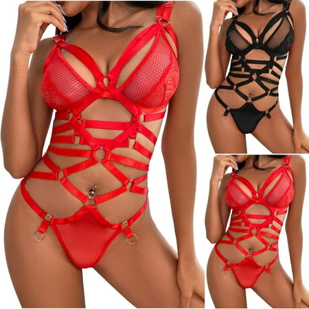 USSUMA Womens Lingeries Sexy Lingerie for Women Plus Size Womens Underwear Women s Valentine s Day Red Europe and The United States Binding Through Mesh Lace Hollowed Out One-piece Women Sexy Suit
