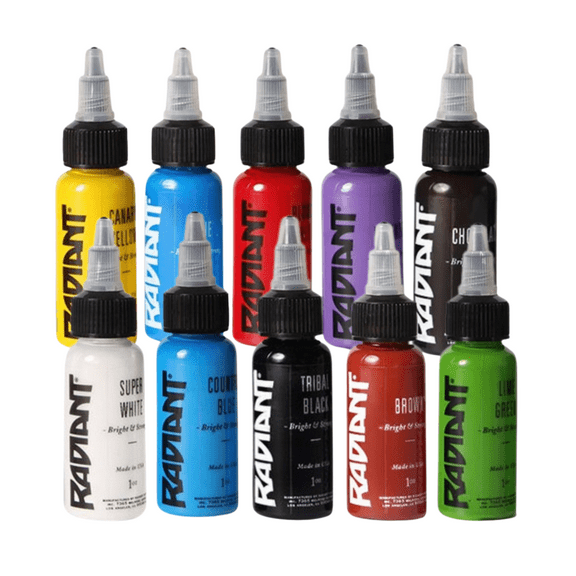 Radiant Colors 10 Popular Colors Tattoo Ink Set B - Tattooing Inks Fluid Vegan Pigments 10 x 1oz Bottles