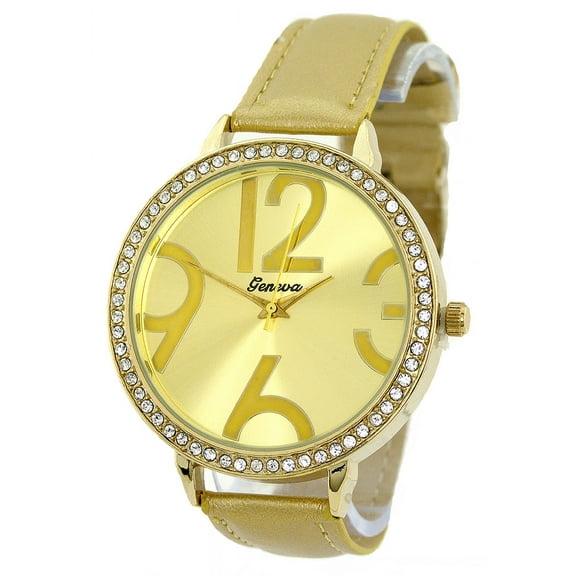 Ladies gold-tone designer CZ Clubbing watch 45mm 9mm thick case. CZ bezel, gold dial, 16mm wide gold-tone strap fits7.5-8.75 inches wrists.