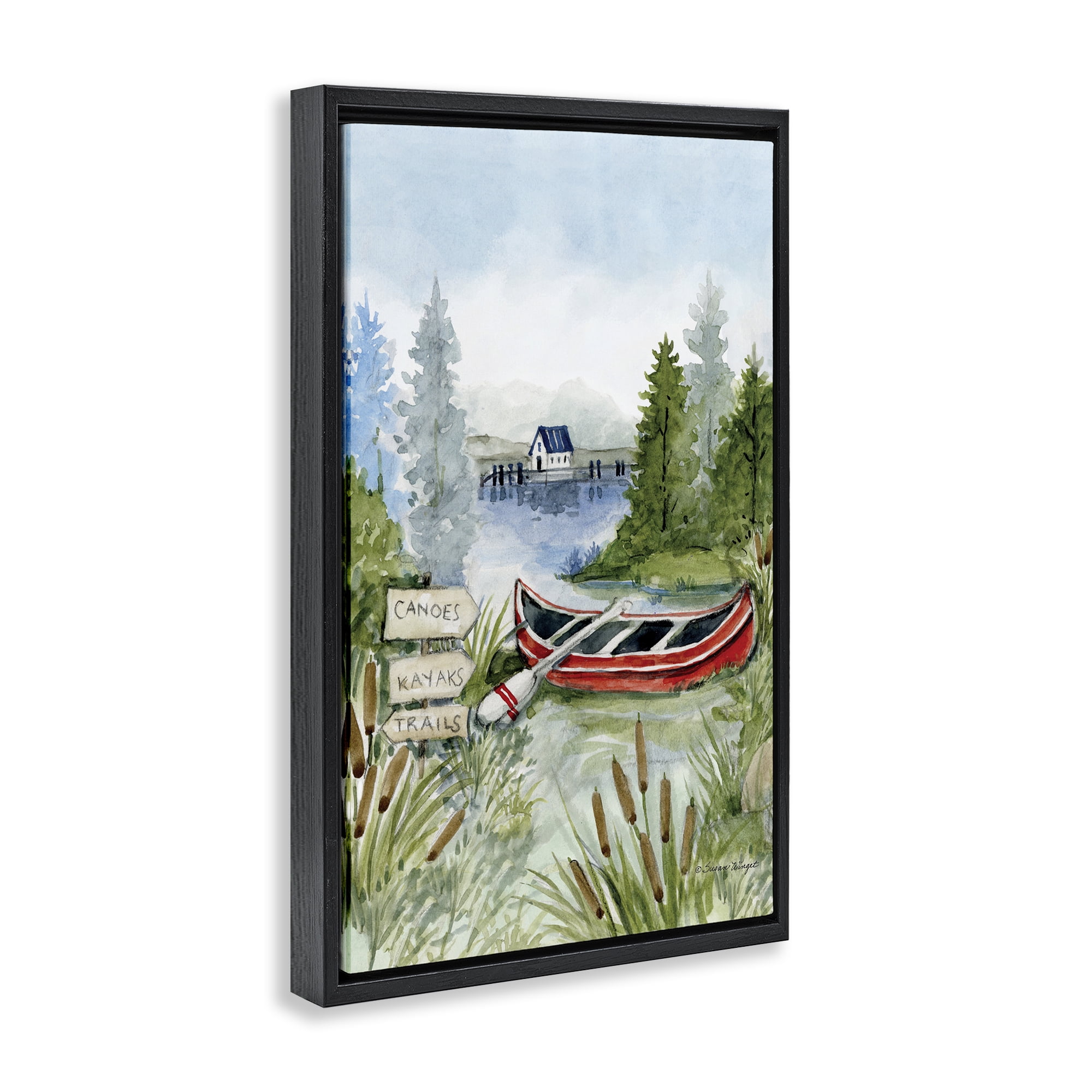 Stupell Industries Canoe On Lake Black Framed Floater Canvas Wall Art, design by Susan Winget