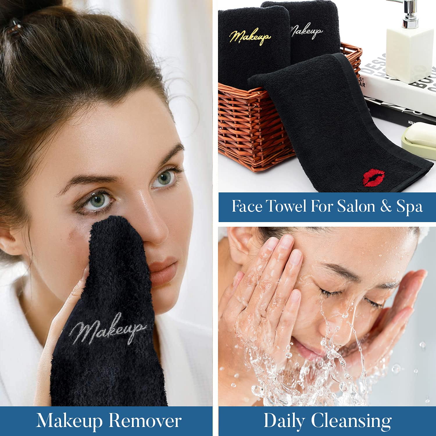 Dan River Black Washcloths 13X13 - 6 pcs Embroidered Wash Rags For Makeup Remover, Soft Cotton Face Towels