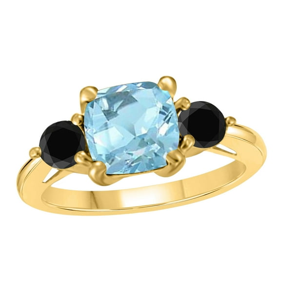 Mauli Jewels Rings for Women 2.2 Carat Cushion Shape Aquamarine And Black Diamond Gemstone Ring Prong-Setting 10K Yellow Gold