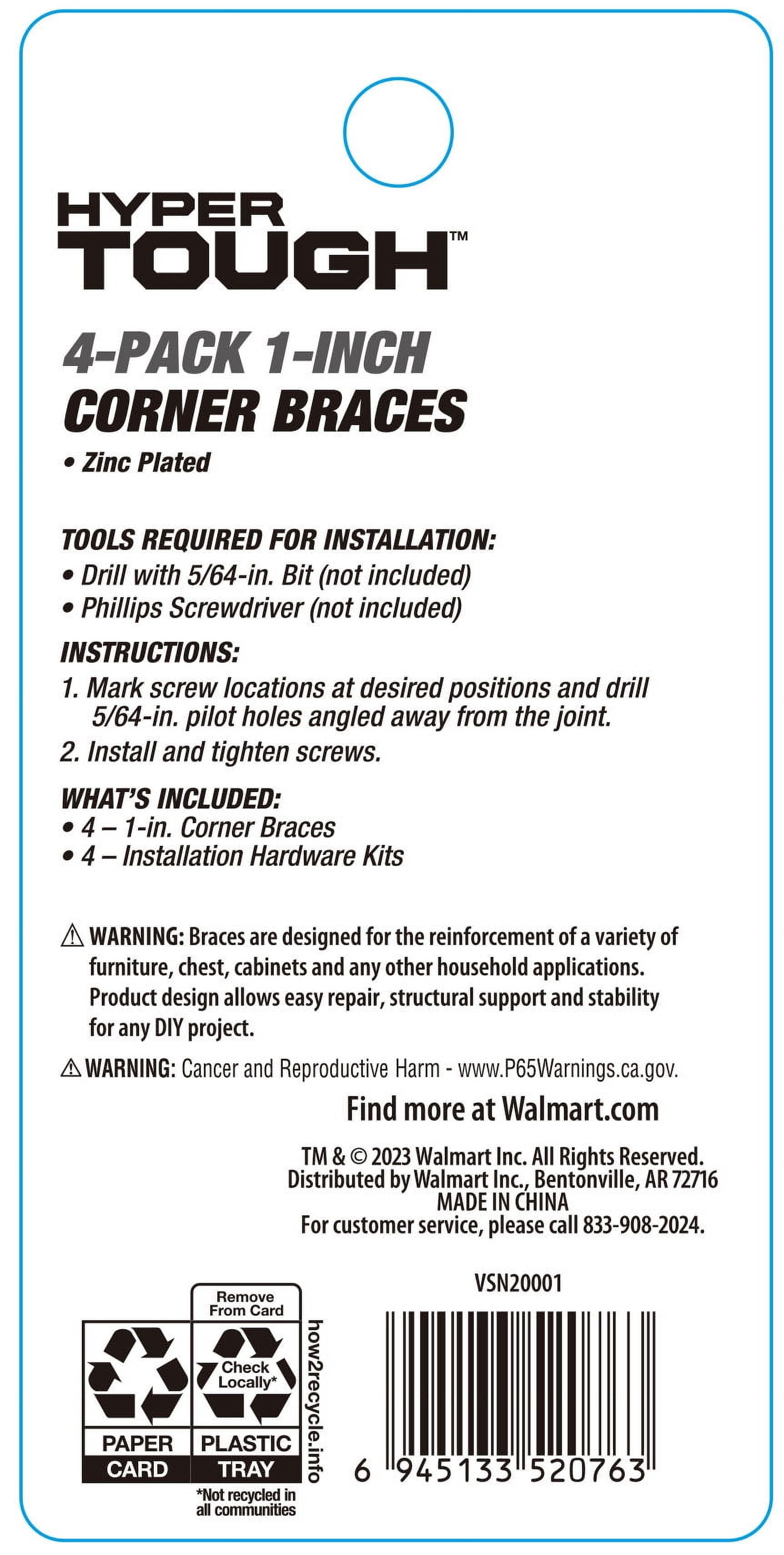 Hyper Tough 1 inch. x 1 inch. Corner Brace, Steel, Zinc Plated (4 Pack)