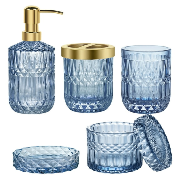 Bathroom Luxury Navy Blue 5-Piece Glass Bathroom Set - Lotion Dispenser Toothbrush Holder Soap Dish Cotton Swab Container, Vanity Organizer for Bathroom Countertop