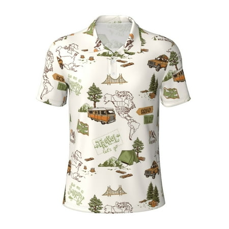 Cauagu Road Trip Print Men s Polo Shirts Short-Sleeve Polo Shirts for Men Performance Golf Shirt Athletic Casual Collared T-Shirt-Medium