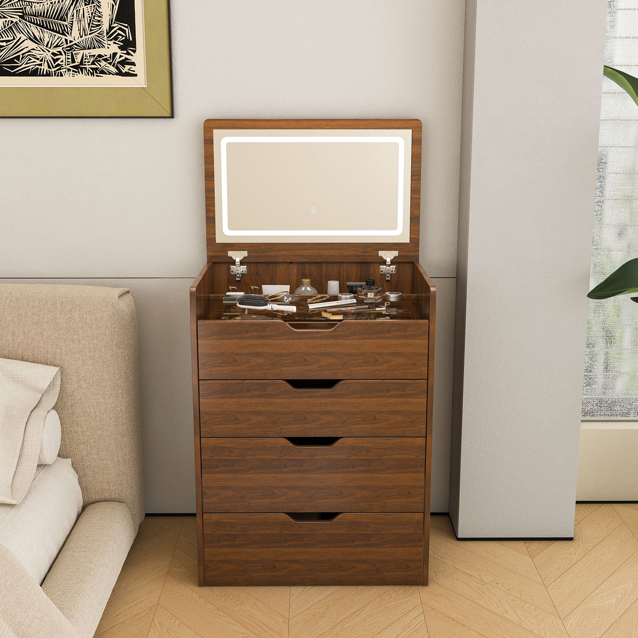 Noble House 23.62" Makeup Vanity Desk with LED Mirror, Storage Stool and Drawers, Walnut+White