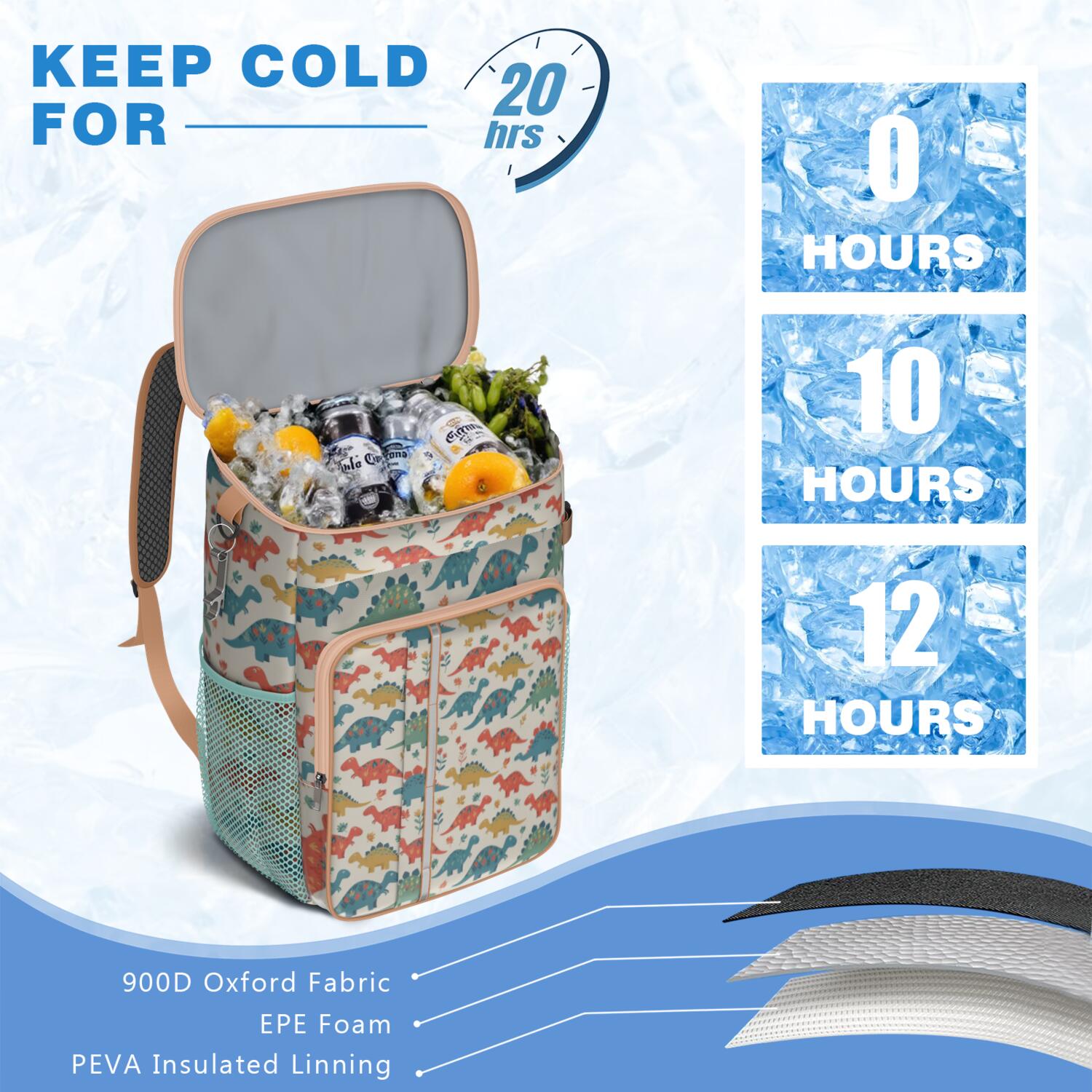 Travel Cooler Bag - Beige Cartoon Dinosaurs Flowers Pattern Camping Beer Cooler Backpack with Bottle Opener- Waterproof Insulated Picnic Backpacks - Cooler Bag for Beach