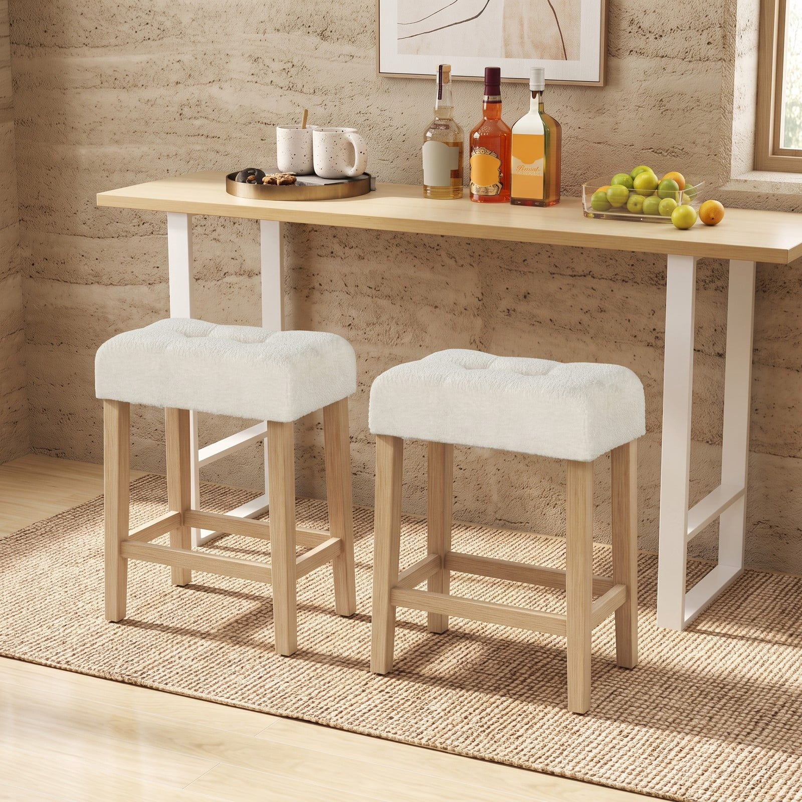 Furnibear Counter Height Bar Stools Set of 2, Upholstered Sherpa Fabric Barstools with Rubber Wood Legs, Footrest & Anti-Slip Pads, Backless Kitchen, Beige and Natural