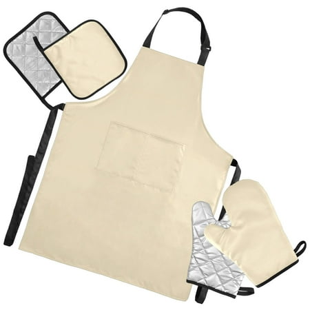 Ryvnso Beige Kitchen Apron Oven Mitts Set Pot Holders