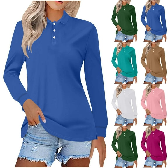 Otvok Ladies Solid Color Button Lapel Casual Fashion Long Sleeve T-Shirt Top Shirt