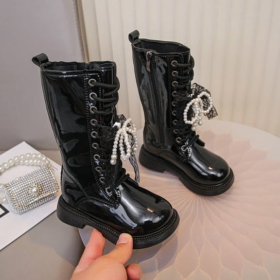 Babcutegg Girls Shiny Knee High Leather Boots Side Zipper Bow Knot Princess Style Chunky Heel Long Boots Black Size 11.5 Little Kid