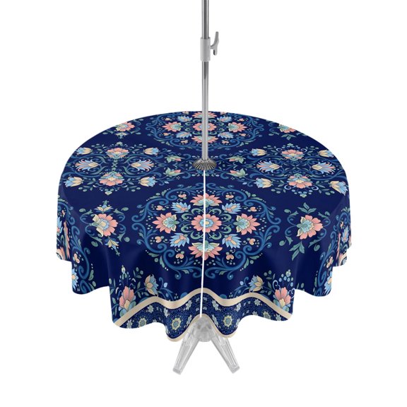 Outdoor Tablecloth with Umbrella Hole Zipper Navy Blue Boho Floral Round Tablecloth 60" Waterproof Outside Table Cloth Ethnic Tribe Farmhouse Artwork Patio Table Cover Tablecloths for Picnic Party