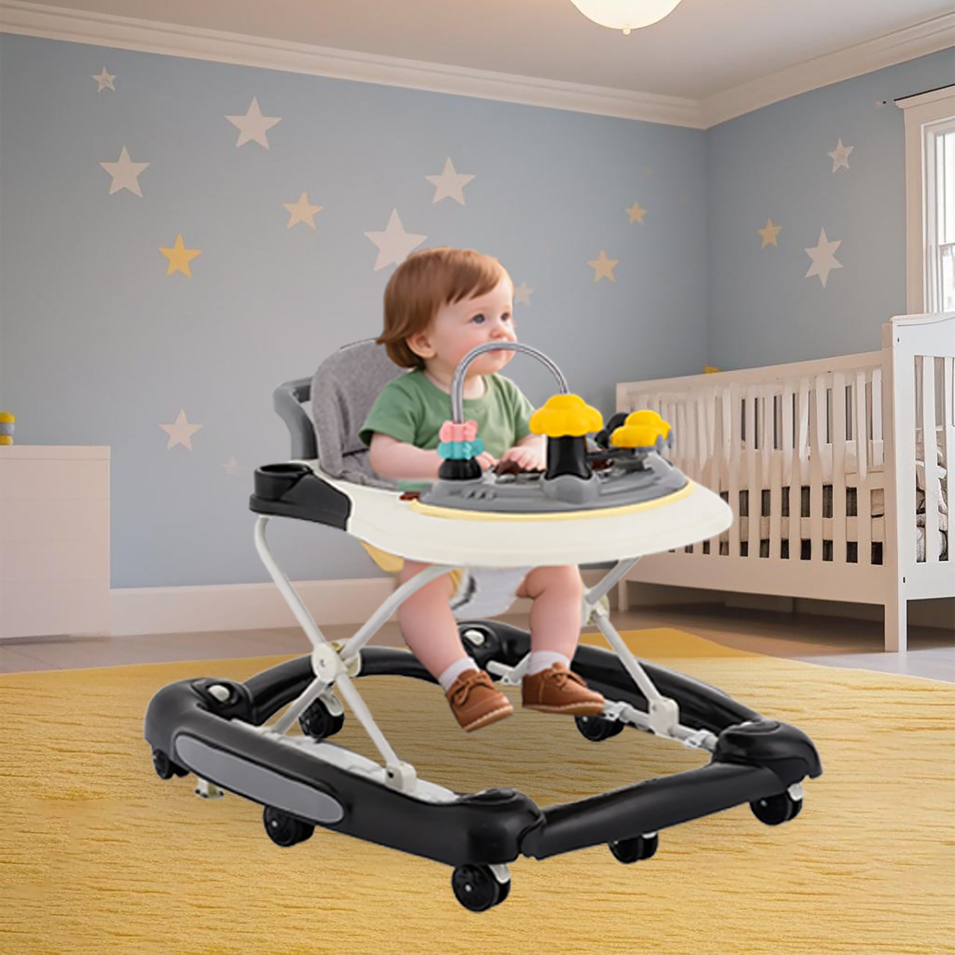 HDUTNGISN 5-in-1 Black Adjustable Baby Walker with Wheels for Boys & Girls
