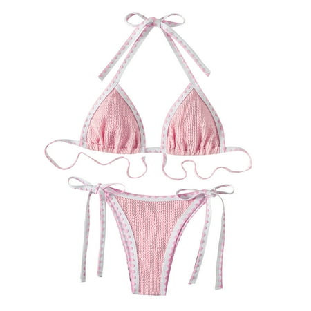 JIANJIA Womens Swimsuits Summer Solid Color Lace Up Halter Brassiere With Thongs Beach Swimsuit Two Piece Bikinis Swimwears Beachwear  Pink M