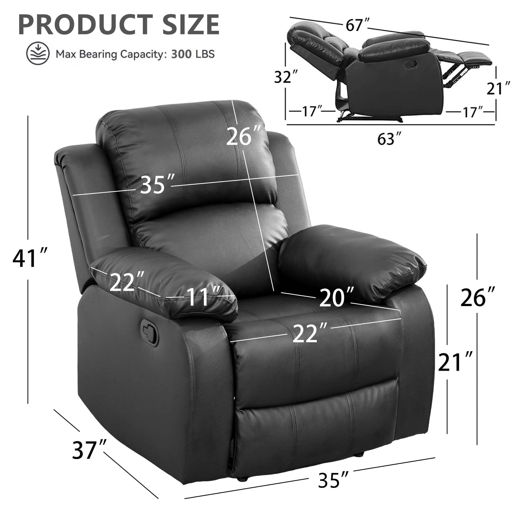 Aukfa Faux Leather Manual Recliner Chair Single Sofa Armchair for Living Room, Bedroom, Black
