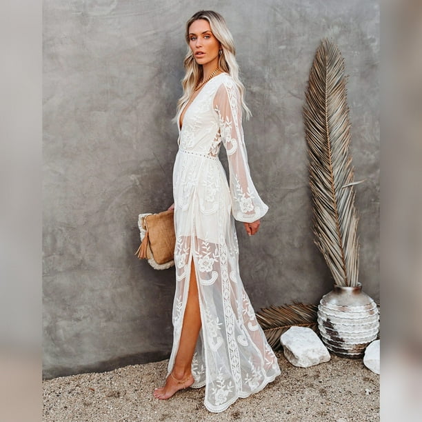 IDOPIP Women's Casual Boho Floral Lace V-Neck Dress Embroidery Cocktail Maxi  Dress Wedding Evening