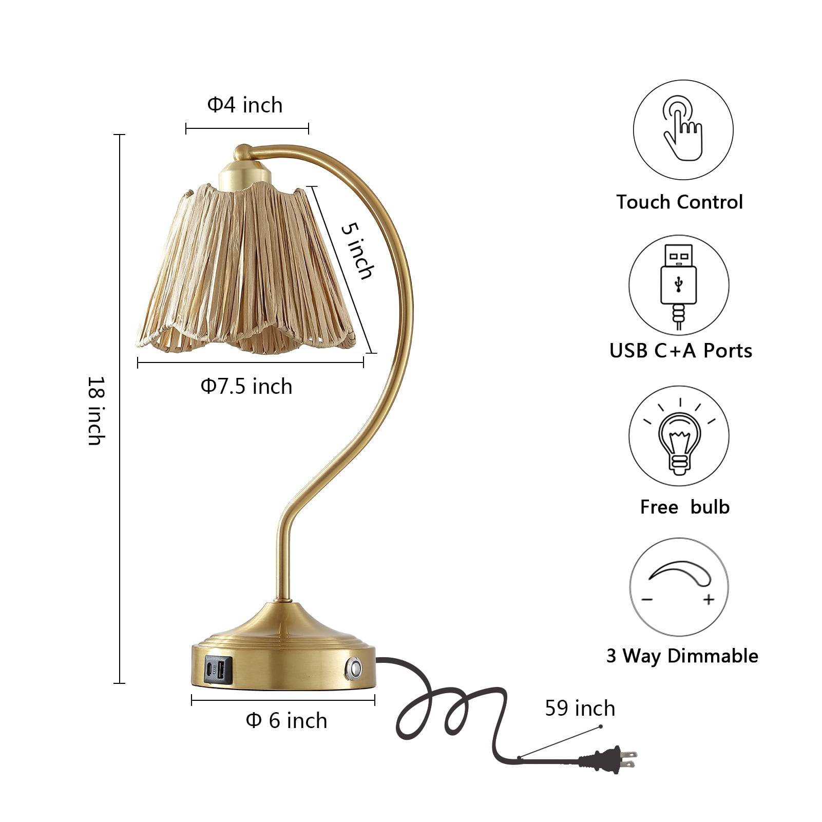 RORIA 18" Curved Gold Table Lamps Set of 2, Touch-Control Three-Level Dimming, USB A+C Charging Ports, Modern Farmhouse Style, Perfect for Living Room or Bedside Lighting Needs.