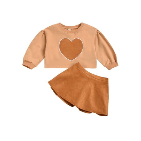 

One opening Girl s Two Piece Set Children s Love Heart Pattern Pullover Suede Elastic Force Short Skirt Brown