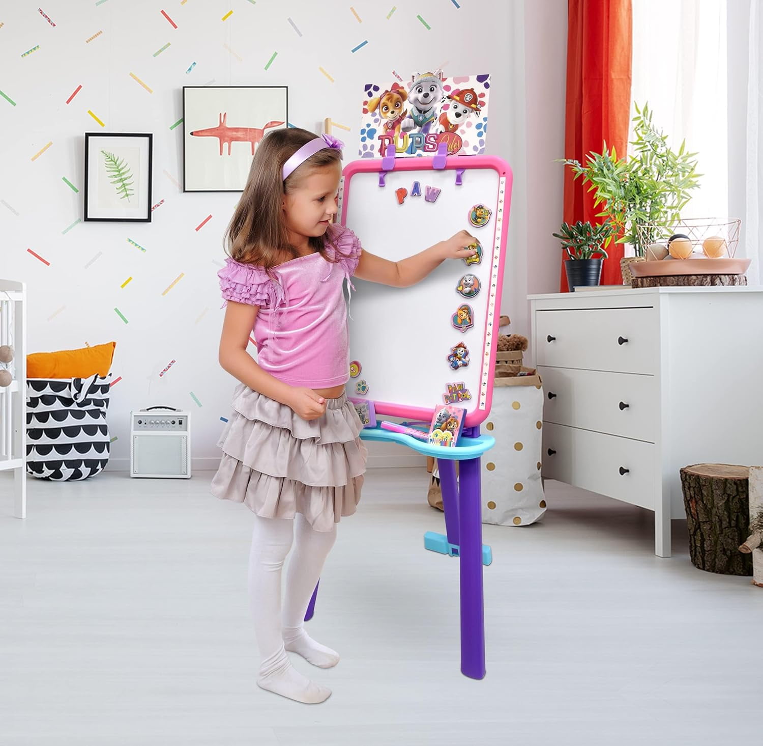 Paw Patrol Standing Art Easel for Kids with Magnetic Whiteboard, Chalkboard, Accessories and Bookmark, Pink/Purple