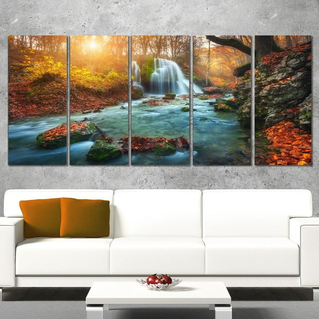 Design Art Fast Flowing Fall River in Forest Landscape Photo Canvas Art Print