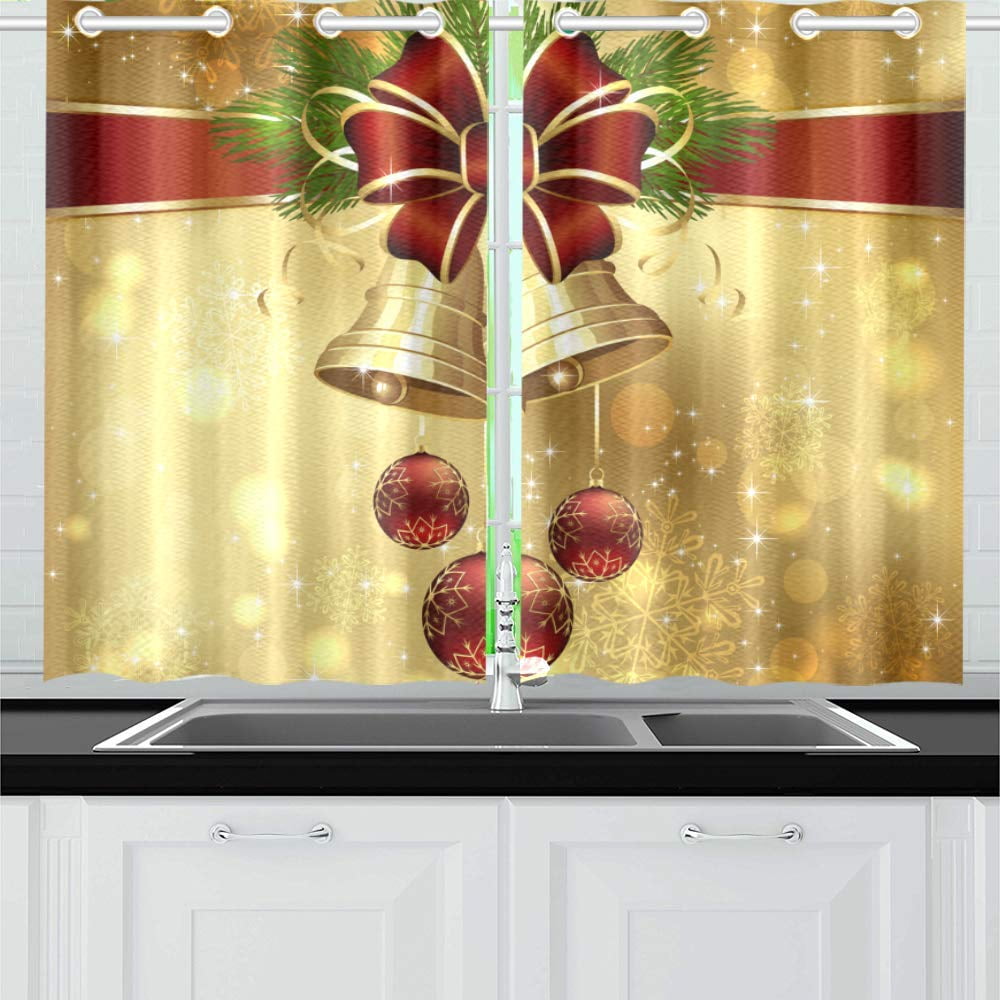 MKHERT Golden Christmas Bells Window Curtain Kitchen Curtain 26x39 inch,Two Piece