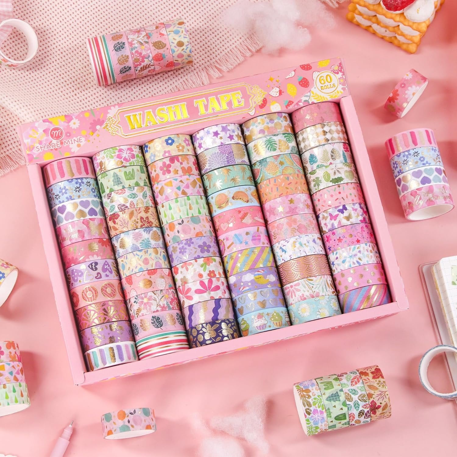 60 Rolls Washi Tape Set, 15 mm  Foil Cute  Floral Decorative for Journaling Supplies