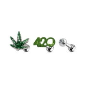 Pierce2GO 4/20 Symbol with Green Pot Leaf Green and Silver Cartilage (3 pc Set)