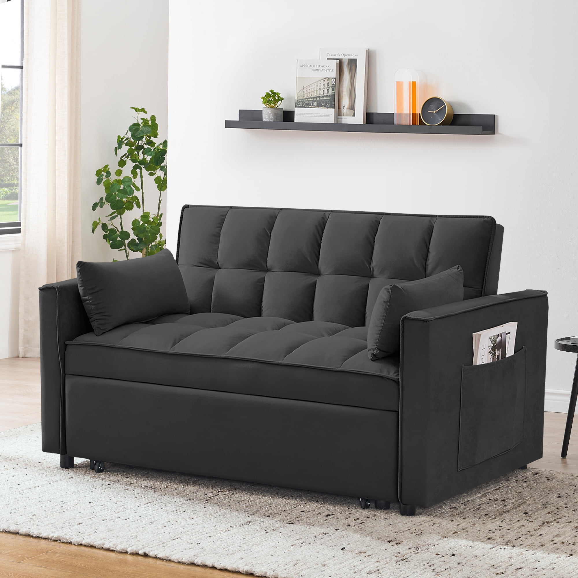 Leumius 55 Inch Convertible Futon Sofa Bed,Modern Loveseat Sleeper Sofa Couch with Pull-Out Sofa Bed for Living Room,Small Space - Black