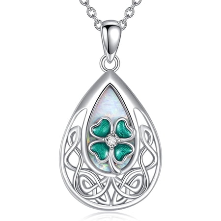 DVEATR Four Leaf Clover Necklace 925 Sterling Silver Shamrock Celtic Knot with Opal Pendant Necklaces Jewelry Gifts for Women Mother Grandma, 18"+2"