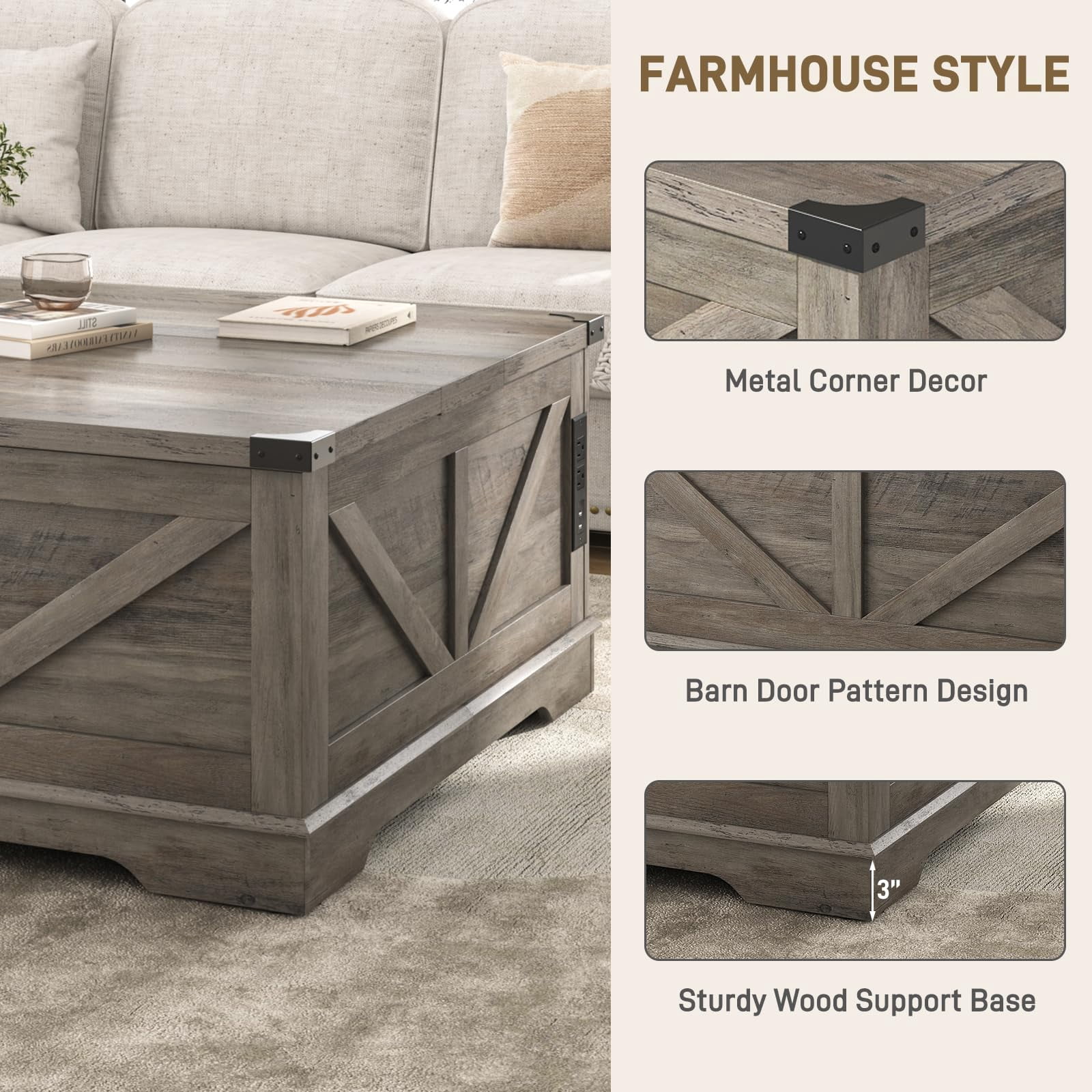 40" Large Farmhouse Lift Top Coffee Table with Power Outlets, Square Wood Living Room Table with Large Hidden Storage, Multi-Function Lift Wooden Barn Door Center Table, Gray