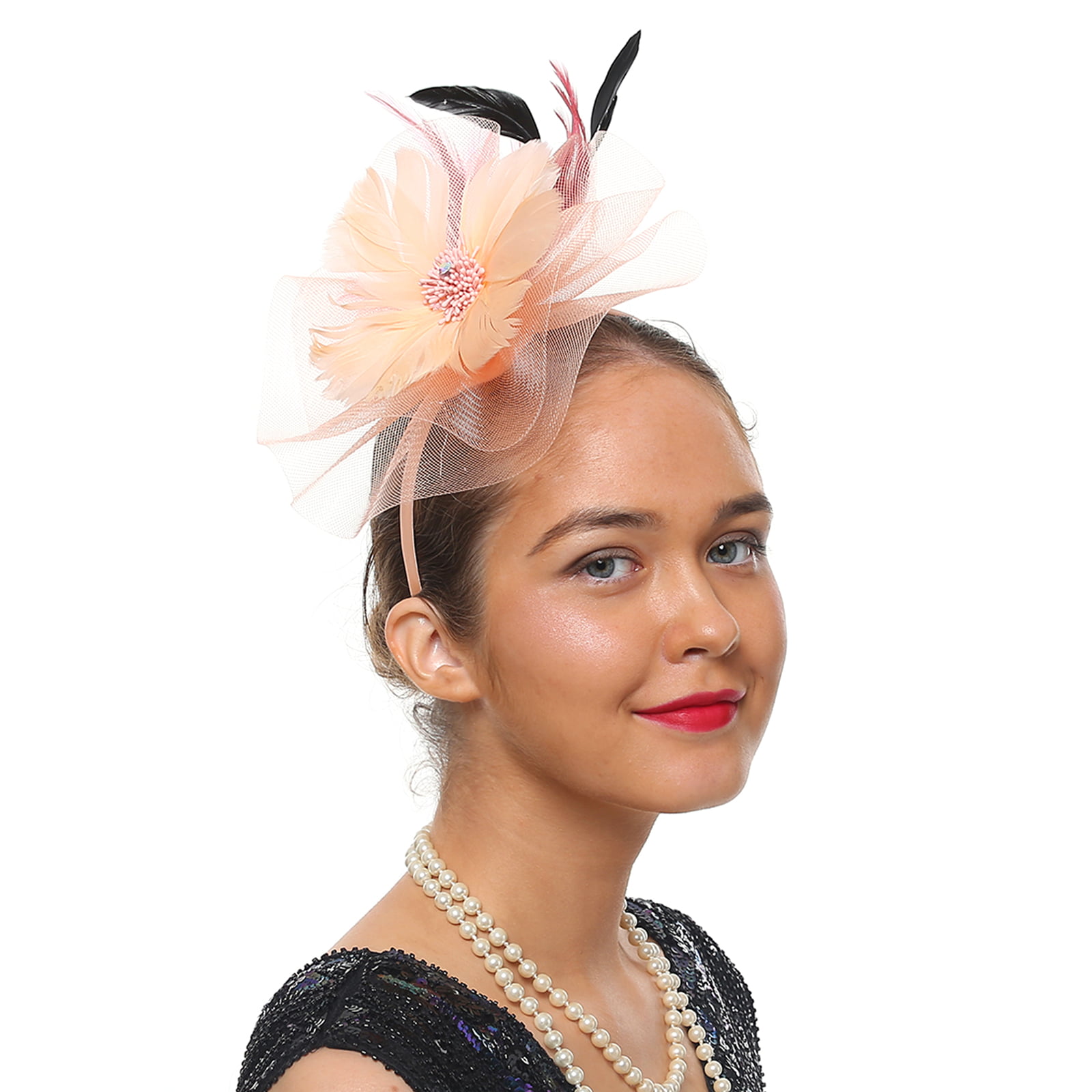 Creamy Net Veil Flower Fascinator Feather Headdress Brooch Hair Clip Hat Decor 