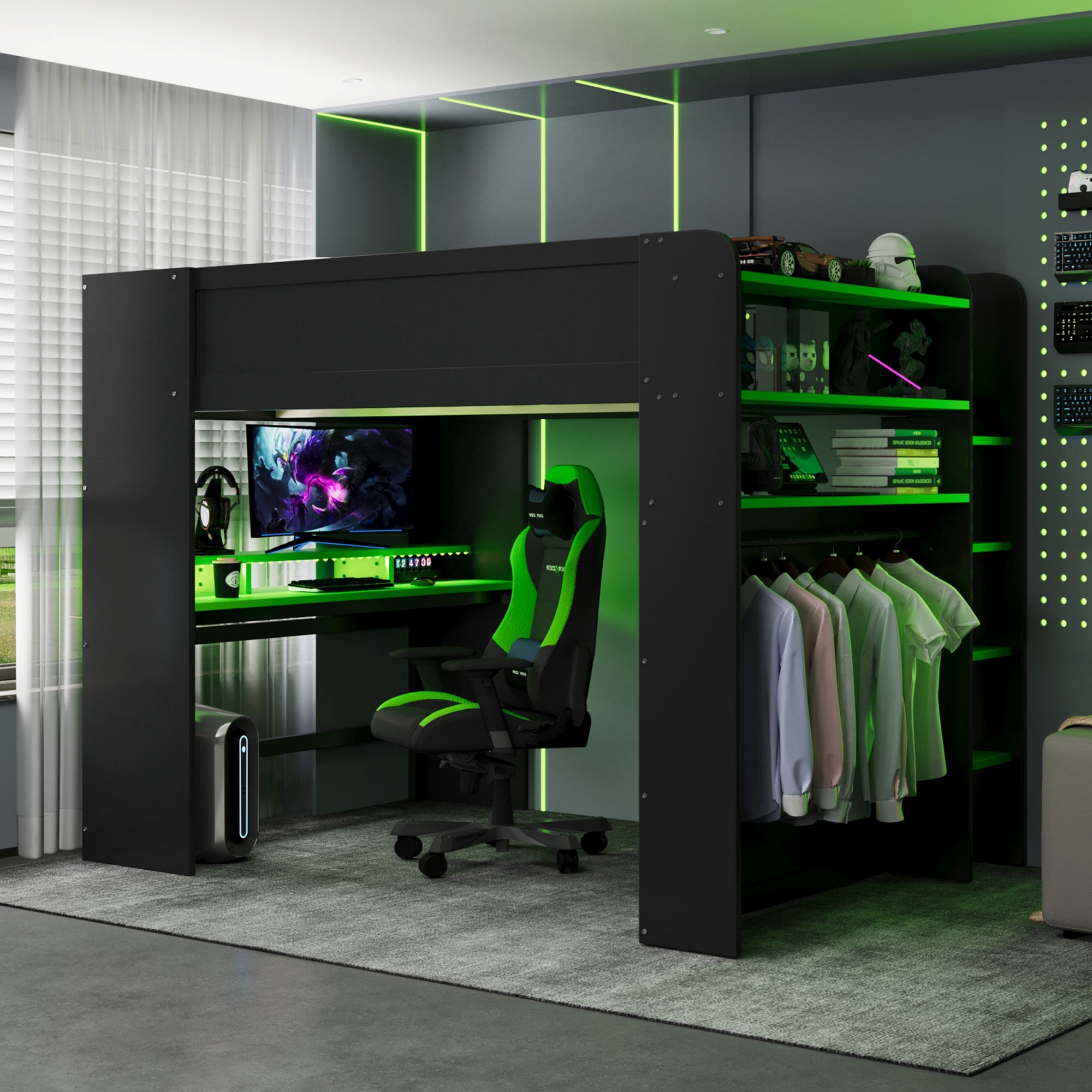 Aukfa Full Size Loft Bed with Desk, Wardrobe, USB Port and RGB Lights, Wood Gaming Loft Bed for Kids Teens Adults, Green