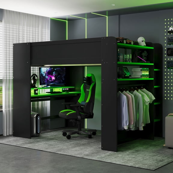 Harper & Bright Designs Full Size Gaming Loft Bed with Height-adjustable Desk & RGB Lights, Full Wood Loft Bed Frame with Wardrobe & Storage Shelves, Green
