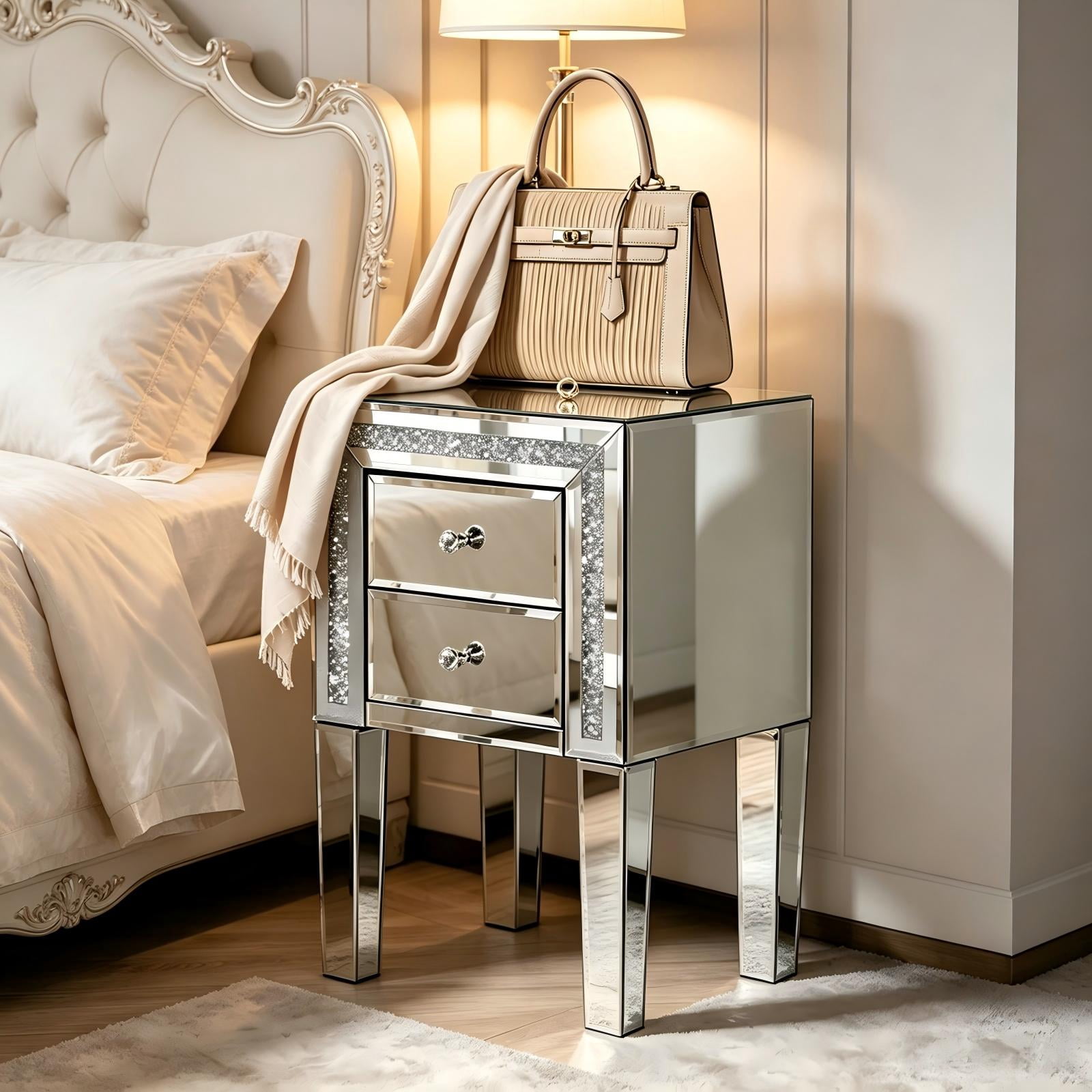 2-Drawer MDF Bedside Table with Mirror Finish, Silver, 16.2 x 13 x 24.8 in