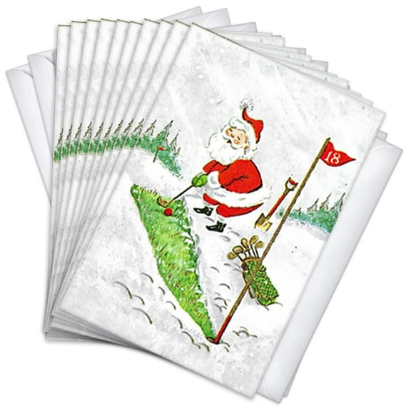 Santa Golf Traditional Christmas Holiday Greeting Cards | 10 Pack Bulk Set (4x6)