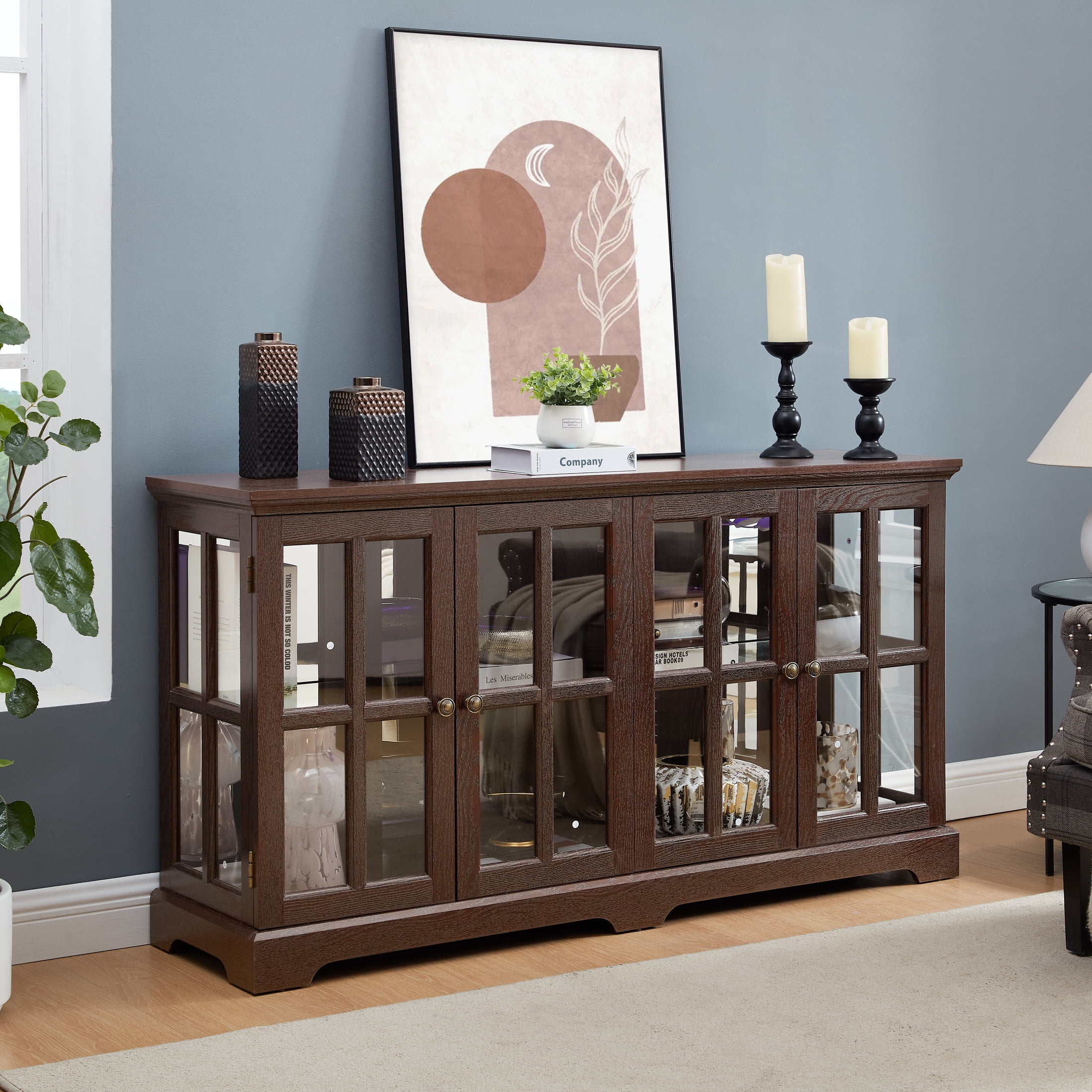 Noble House Auburn 59" LED Glass Display Cabinet, 4-Door Antique Curio, Adjustable Shelves, Vintage Showcase, Cherry