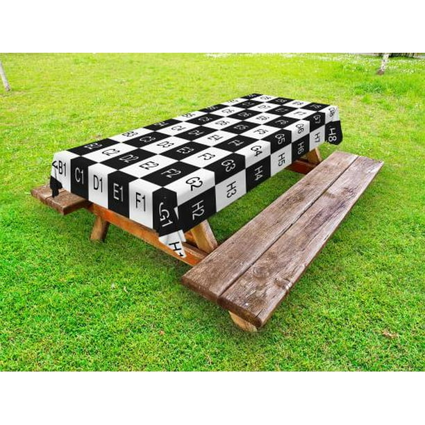 Checkers Game Outdoor Tablecloth, Monochrome Chess Board Design with