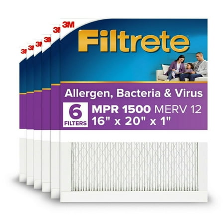 Filtrete 16x20x1 HVAC Furnace Air Filter, MPR 1500 MERV 12, Advanced Allergen Reduction, 6 Pack