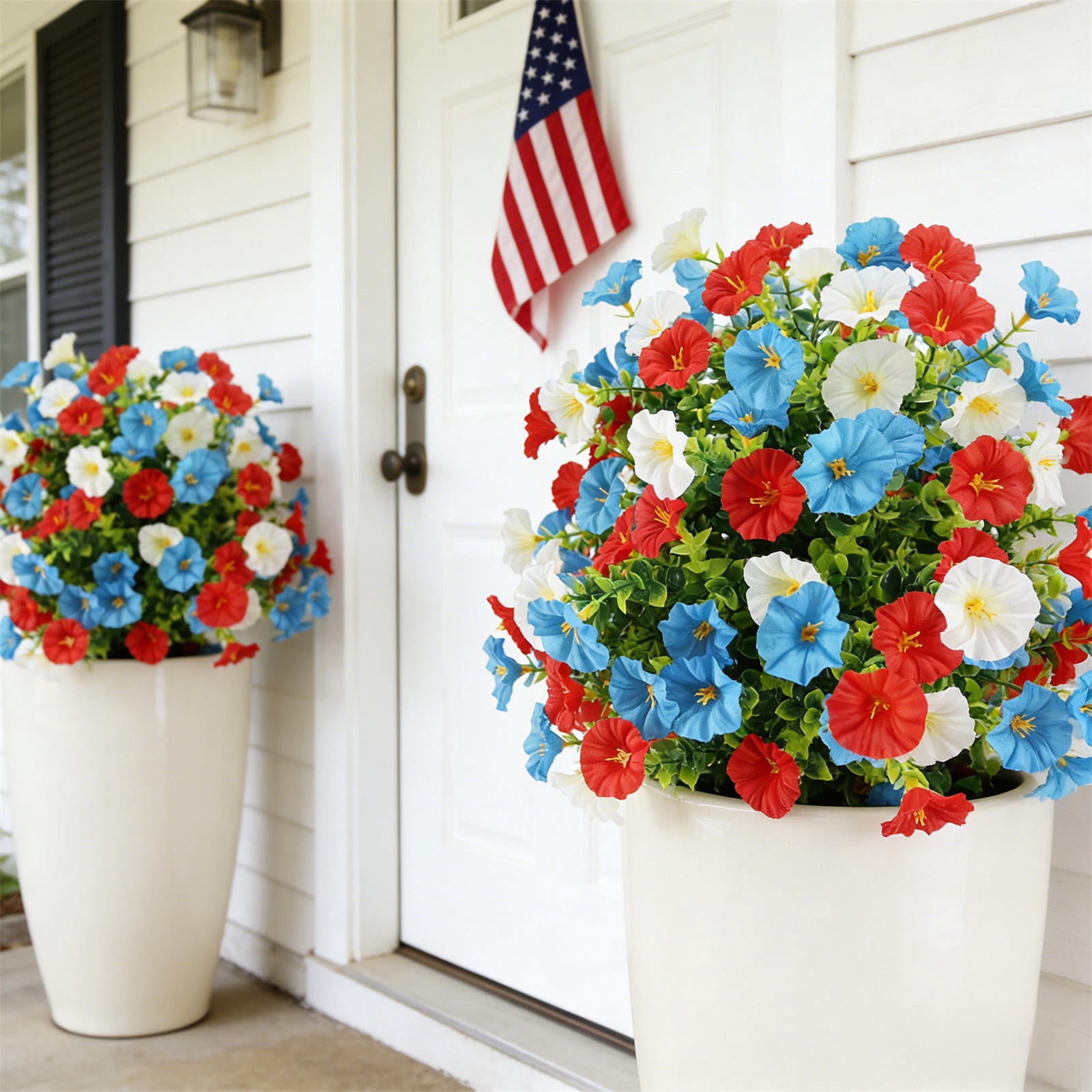 geerera 4th of July Patriotic Artificial Flower Topiary Stake, Red White Blue Fake Flower Yard Stake for Independence Day Outdoor Garden Decor