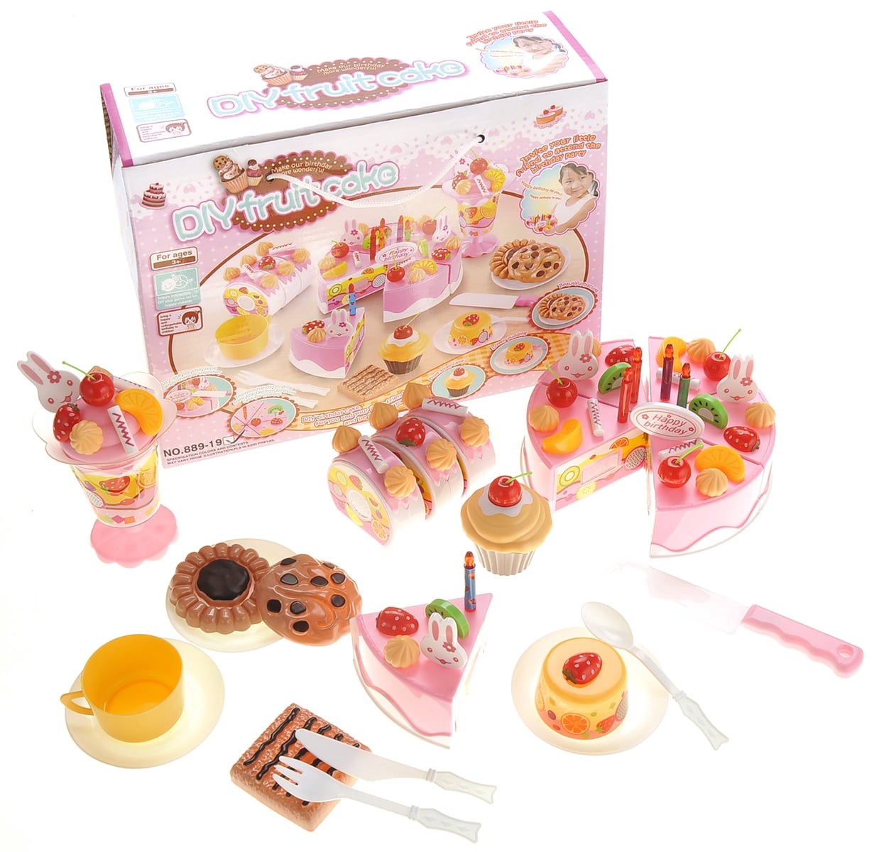 PlayWorld Sweet Treats Birthday Cake 75pcs Pretend Play Food Toy Set - Pink
