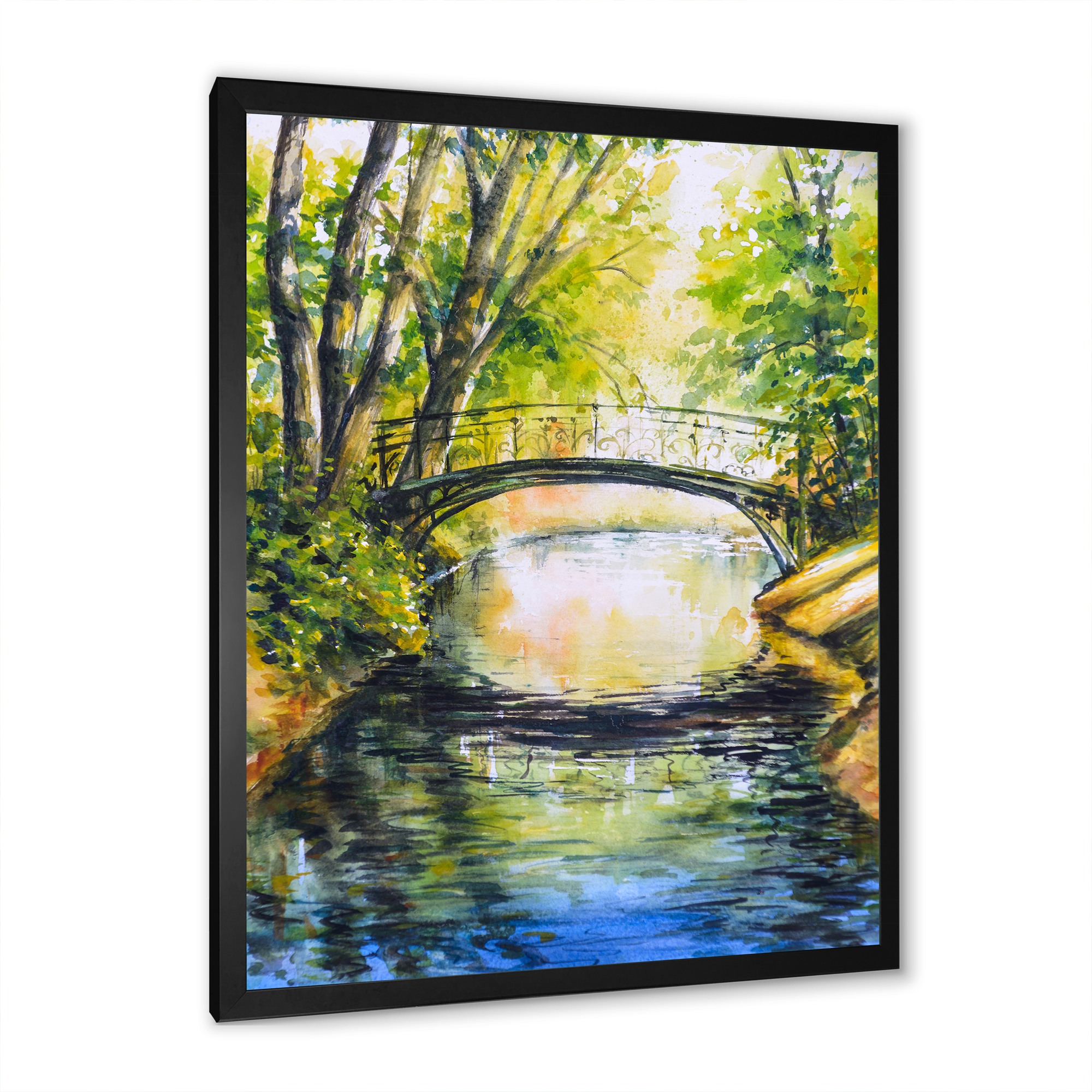 Designart 'Forest Park With Bridge Over Troubled Water' Lake House Framed Art Print