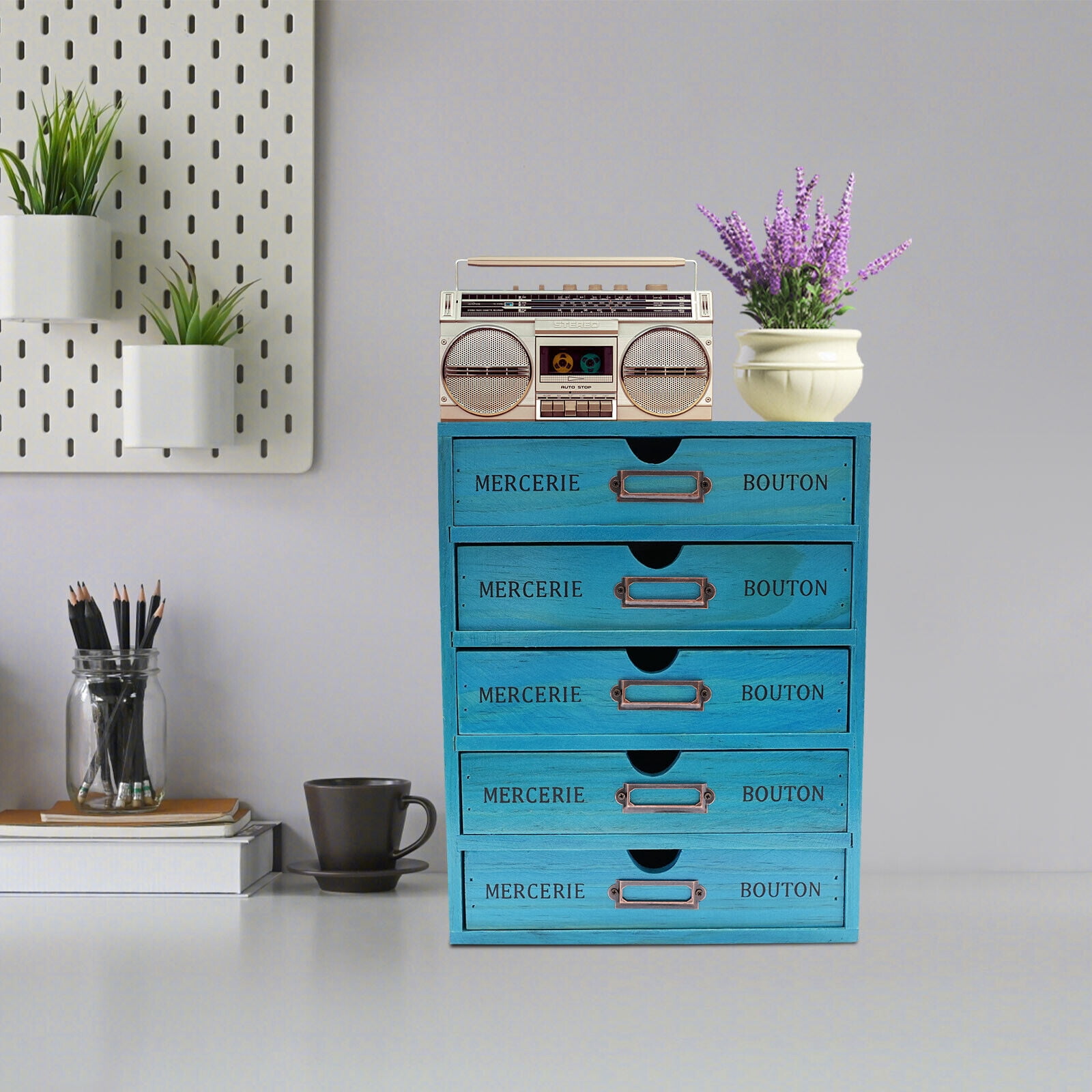 Shangmakel 5-Drawer Wooden Desk Organizer, Vintage Wooden Storage Box with Label Slots Apothecary Cabinet with 5 Drawers Library Card Catalog Cabinet for Offices Home