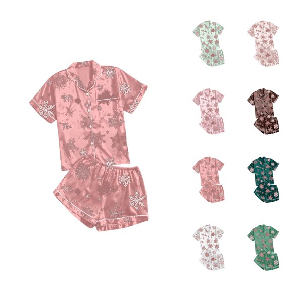 Bamboo Pajamas for Women – Cozy Summer Lounge Pajama Shorts Women's Casual Printed Pyjama Set Silk Satin Short Sleeve Button Down Top And Shorts Set