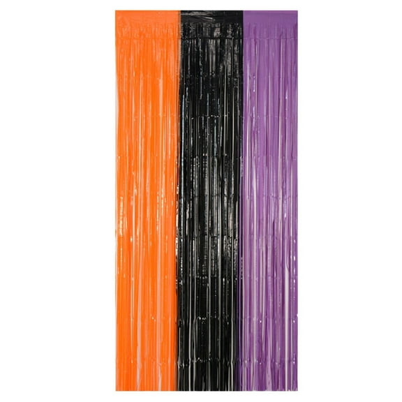 Halloween Foil Fringe Curtains - Orange Purple Black Metallic Tinsel Foil Fringe Curtains Photo Streamers Backdrop for Wall Decor Party Photo Booth Props 3.2x6.5 FT