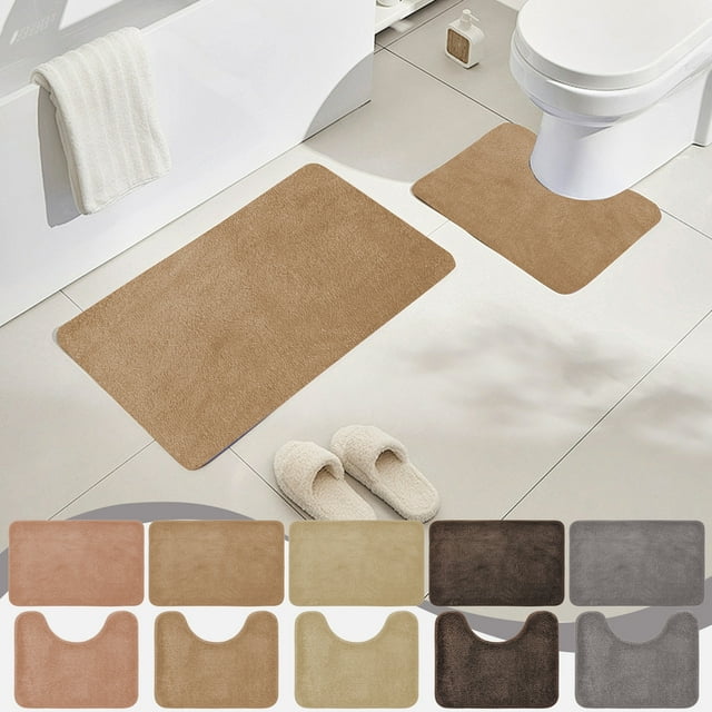 AntiDirty Bathroom Mat, Non Slip Foot Mat, Solid Color Carpet, Absorbent Floor Mat, For Wet Areas, Durable Rubber Back, Kitchen Entryway, Hotel Bathroom, 2 Piece Set, Easy Clean | Polyester, Beige