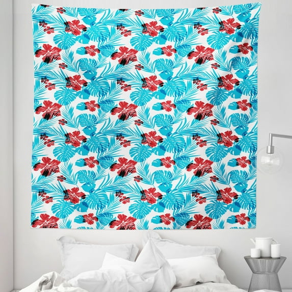 Luau Tapestry, Palm Tree Leaves with Hibiscus Petals Exotic Island Vegetation Pattern, Fabric Wall Hanging Decor for Bedroom Living Room Dorm, 5 Sizes, Sky Blue and Vermilion, by Ambesonne