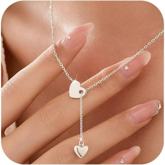 925 Sterling Silver Lariat Big Love Heart Necklaces for Women 14k Gold Plated Double Heart Y Shaped Choker Necklace Trendy Adjustable Drop Love Long Chain Necklace Jewelry Gifts for Mom