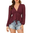 thumbnail image 6 of MODA NOVA Juniors Deep V Neck Drawstring Swiss Long Sleeves Blouse Tops Burgundy L, 6 of 7