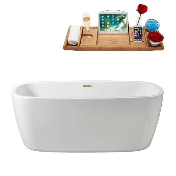 59" Streamline N780BBR Soaking Freestanding Tub and Tray With Internal Drain in Brushed Brass